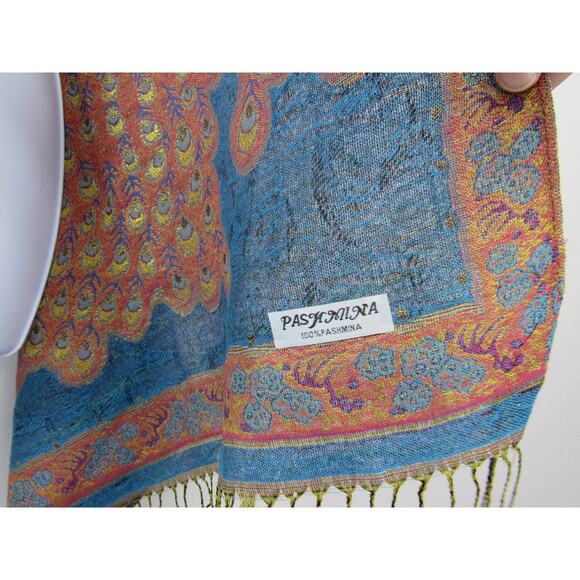 100% Pashmina Shawl Blue Red Orange Metallic Peacocks Fringe Florals Boho  Wool - Picture 3 of 8